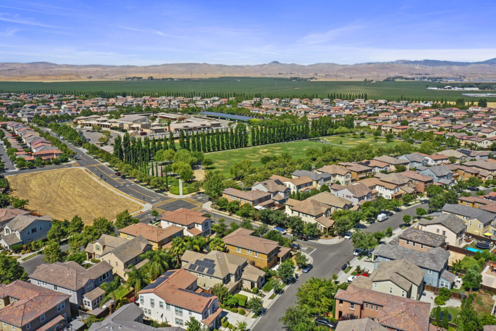 Aerial shot of Questa Village at Mountain House, CA